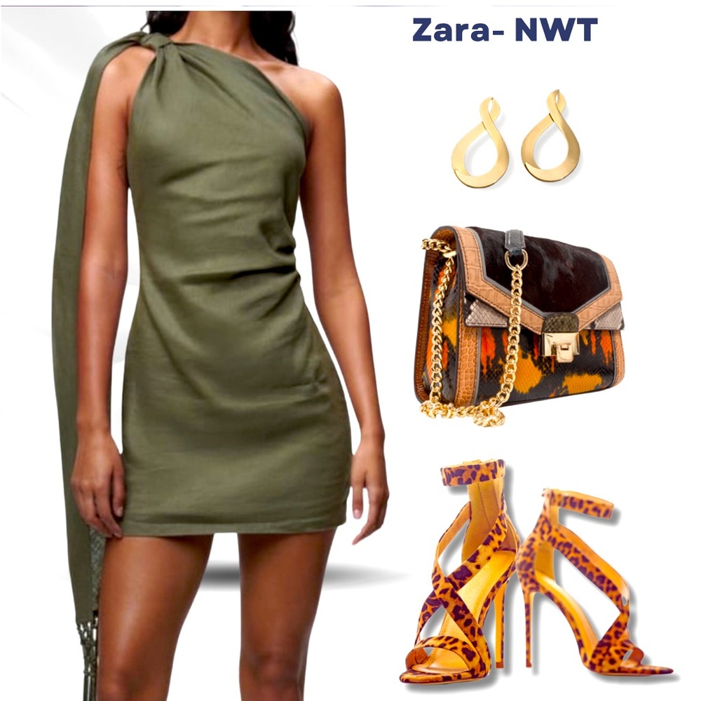 Zara Asymmetrical Green Linen Dress Sz Small